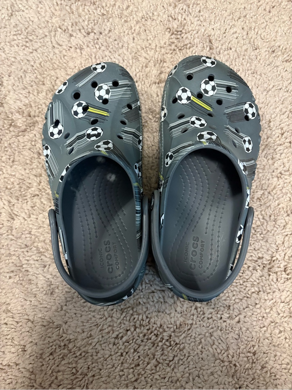 CROCS Kids Gray Soccer Print Clogs with Yellow Accents